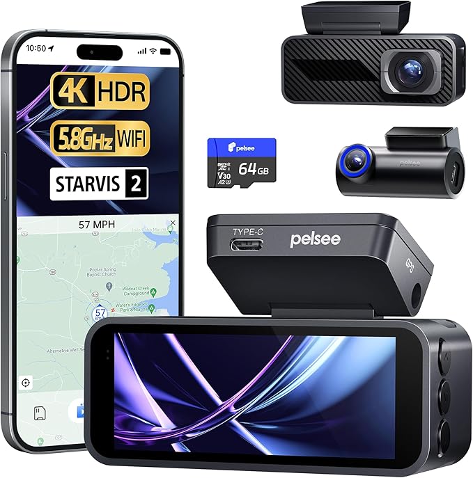 Pelsee P1 Pro 4K Dash Cam Front and Rear, STARVIS 2 Sensor, 64GB Card, Dual Dash Camera for Cars with Full-Color Night Vision, HDR WDR, ADAS, GPS, WiFi & Voice Control, 24H Parking Mode, 3.39" Screen