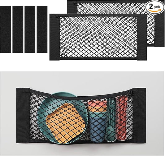 TOBWOLF 2PCS 25x60cm / 9.8x23.6in Car Storage Net Bag with Tape Stickers, Adhesive Mesh Pocket Net String Pouch Bag, Stretchable RV Storage Netting, Wall Sticker Organizer Pouch Bag for Home Storage