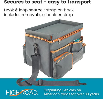 High Road CarHop Front Seat Car Organizer with Car Cup Holder, Passenger Seat Tray and Padded Filing or Cooler Compartment with Side Pocket Storage, Gray