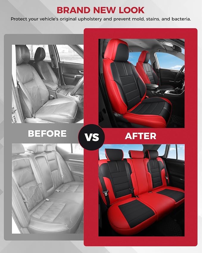 FREESOO Universal Full Seat Covers, Waterproof Faux Leather Automotive Seat Covers with Carbon Fiber Texture Seat Belt Pads, Anti-Slip Airbag Compatible Car Seat Covers for Cars SUVs Trucks