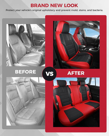 FREESOO Universal Full Seat Covers, Waterproof Faux Leather Automotive Seat Covers with Carbon Fiber Texture Seat Belt Pads, Anti-Slip Airbag Compatible Car Seat Covers for Cars SUVs Trucks