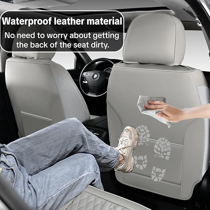 Light Gray Car Seat Covers, Universal Fit for Most Vehicles, Premium Waterproof Leather, Pet-Friendly Car Seat Covers with Lumbar Support, Slip-Resistant, Airbag-Compatible, Protects Car Interior
