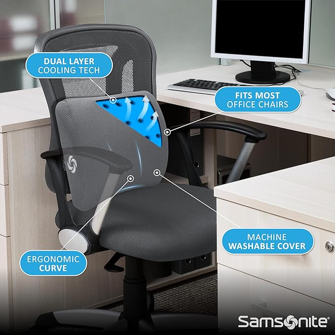 Samsonite Memory Foam Lumbar Support Pillow for Office Chair, Gaming Chair, or Car-Ergonomic Back Cushion-Home Essentials for Sitting Comfort and Posture Relief Back Support with Cooling Gel, Grey