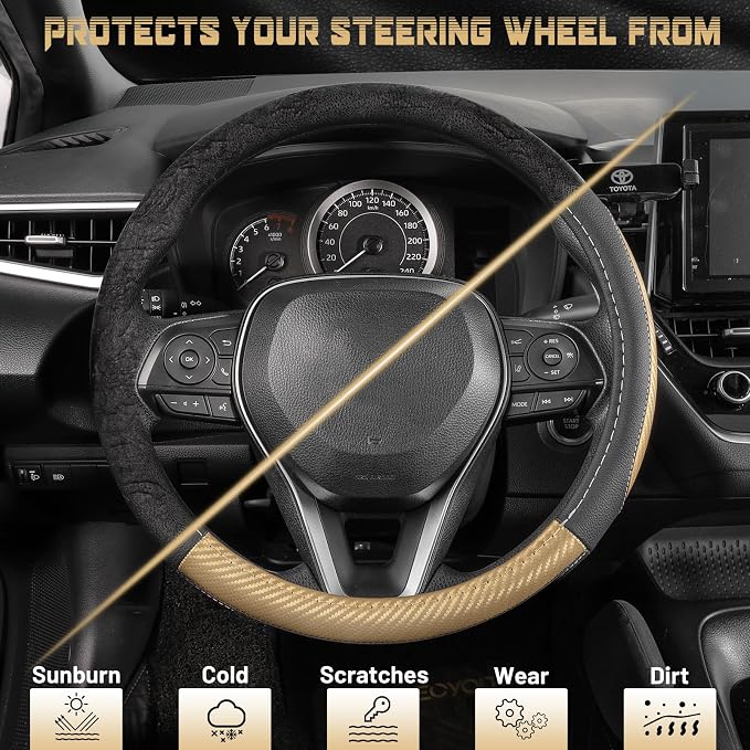 SEG Direct Steering Wheel Cover for Car, Standard Size 14.5-15 inch, Auto Interior Accessories, Black with Golden Carbon Fiber Pattern