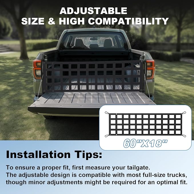 Heavy Duty Tailgate Net for Truck Bed, 60X18',Tailgate Net for Pickup Truck Bed with 4 Adjustable Buckle Straps,Easy-to-use Tailgate Cargo Netting,Fit for Full Size Pickup(Black)
