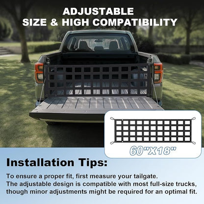 Heavy Duty Tailgate Net for Truck Bed, 60X18',Tailgate Net for Pickup Truck Bed with 4 Adjustable Buckle Straps,Easy-to-use Tailgate Cargo Netting,Fit for Full Size Pickup(Black)