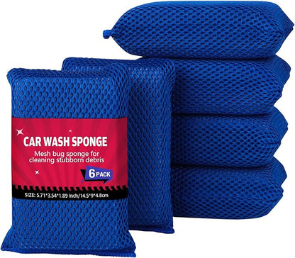 AIDEA Car Wash Sponge, Microfiber Large Bug and Tar Remover for Cars, Non Scratch Reusable Mesh Car Wash Sponges, 6PK, Blue, 5.71 * 3.54 * 1.89 inch