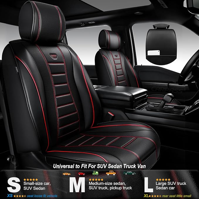CAR PASS Nappa Leather Seat Covers, Universal FIT Piping Leather Car Seat Covers Full Set for Cars,SUV,Truck 3D Foam Waterproof Luxury Seat Covers 5 Seats, Comfort Durable Airbag Compatible Black Red