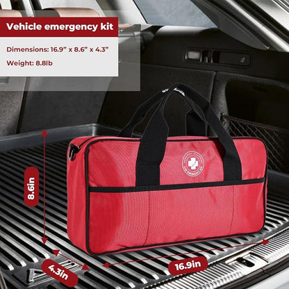All-in-One Car Emergency Kit with Digital Tire Inflator, Jumper Cable, Tow Strap, Reflective Triangle, First Aid Kit, Hand Crank Flashlight, and Repair Tools for Roadside Safety (Red)