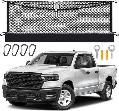3-Layer Cargo Net for Dodge RAM 1500 2019-2026, Zipper Bag Truck Bed Net for Groceries, Heavy Duty Oxford Cargo Organizer Storage Nets with Carabiners