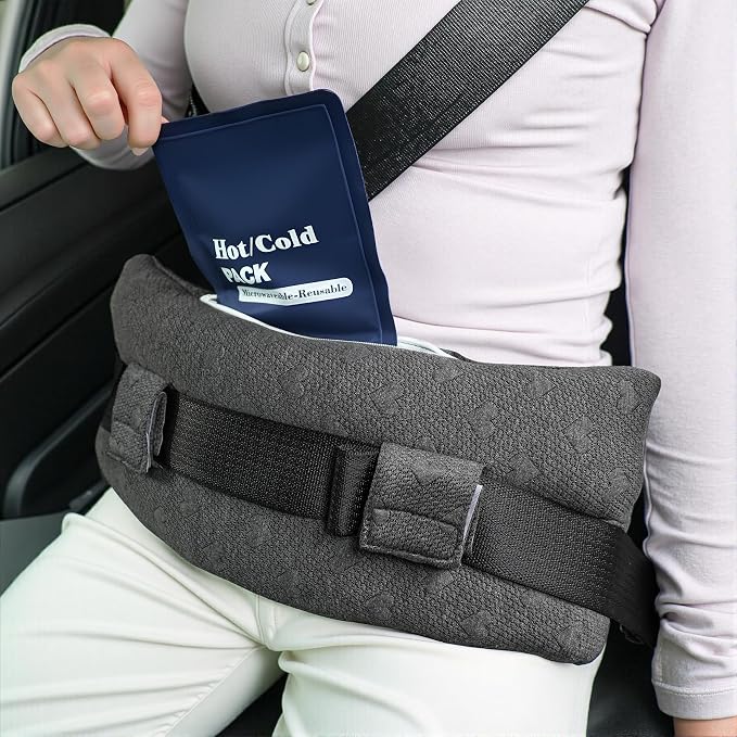 Seat Belt Pillow Post-Surgery – with Ice/Hot Pocket for C-Section, for Chest/Heart Travel, Grey