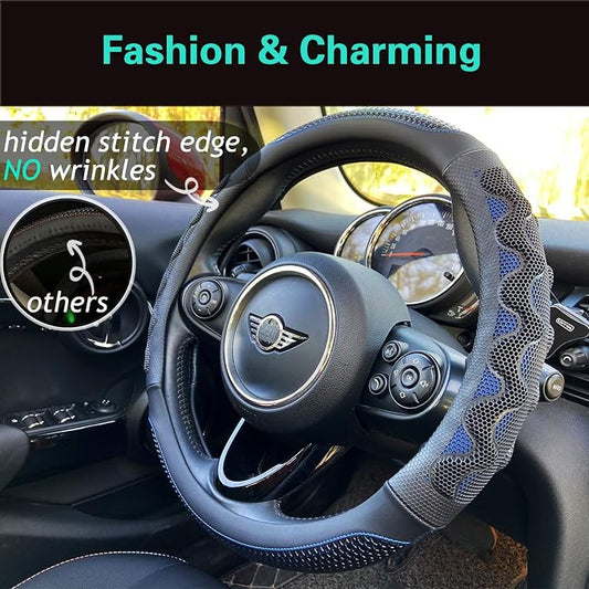 PINCTROT Small Size Steering Wheel Cover Great Grip with 3D Honeycomb Anti-Slip Design, 14 Inch (Blue)