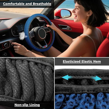 KAFEEK Elastic Stretch Steering Wheel Cover 15 Inch, Breathable Ice Silk Microfiber, Non-Slip Grip, Warm in Winter and Cool in Summer, Odorless, Car Accessories Fit Cars, SUVs, Light Blue