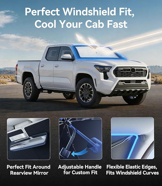 Nmoiss [Vinyl Coating Heat Shield] Windshield Sun Shade Umbrella Compatible with Toyota Tacoma Pickup Truck, Protect Car Interior from Sun Rays & Heat Damage Keep Cool, Tacoma Accessories