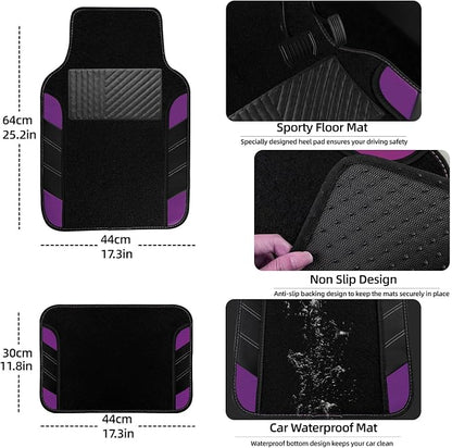 NBTEPEM 10 Pcs Car Floor Mats Full Set & Sport Leather Steering Wheel Cover 14.5-15 inch, Center Console Cover, Seat Belt Cushion, Cup Holder Coaster, Universal Automobile Interior Sets (Purple)