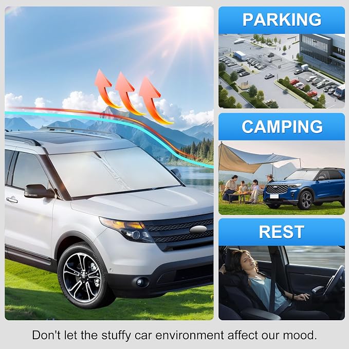 Custom Fit Windshield Sun Shade for Ford Explorer 2020-2026 | Perfect Vehicle Fit, Cooler Interior, Blocks UV Rays, Stronger Frame, Easy Fold & Store