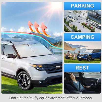 Custom Fit Windshield Sun Shade for Ford Explorer 2020-2026 | Perfect Vehicle Fit, Cooler Interior, Blocks UV Rays, Stronger Frame, Easy Fold & Store