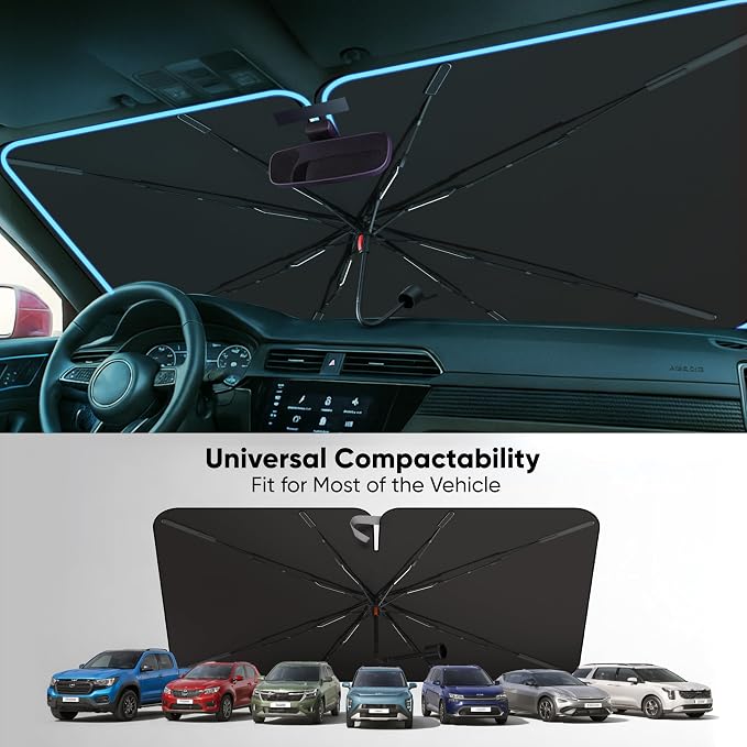 EcoNour Premium Umbrella Windshield Sun Shade for Car | Foldable UV Blocker Front Windshield Sunshade | Umbrella Shade Accessories with Storage Pouch | Full Size SUVs &MPV| Large - 61"x35"
