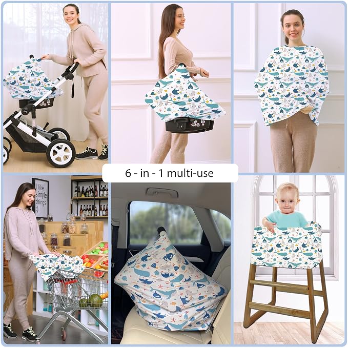 Car Seat Covers for Babies - Multi- use Nursing Carseat Canopy, Breastfeeding Covers, Baby Shower Gifts for Boys and Girls (sea World)