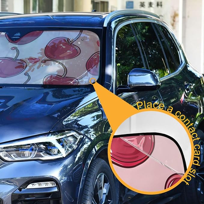 Cherries Hearts Pink Windshield Sunshade Car Sun Shade Blocks UV Rays Visor Protector Accordion Folding Sun Reflector Auto Sunshade for Truck SUV