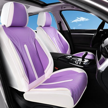 Huidasource Car Seat Covers Full Set, Universal Fit for Most Cars SUV Trucks, Full Coverage Nappa Leather Seat Cover, Airbag, Cupholder Compatible, Seat Function Retain, White&Purple