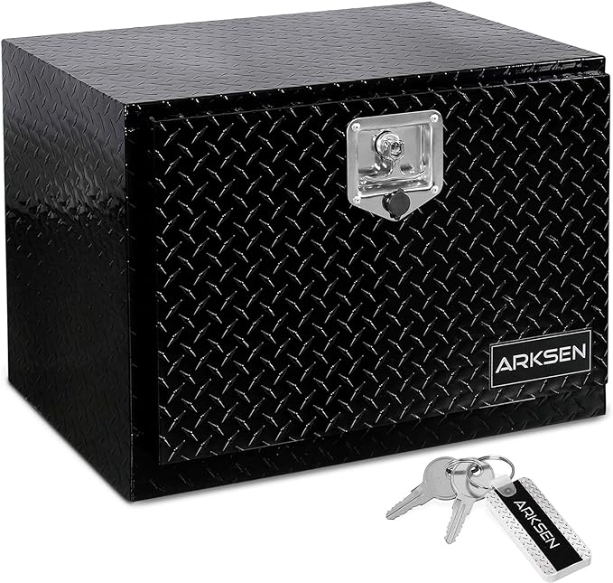 ARKSEN 24 x 17 x 18 Inch Underbody Tool Box, Heavy Duty Aluminum Diamond Plate Waterproof Square Storage Organizer Chest with T-Handle Lock & Keys for Pickup Truck, RV & Trailer – Black