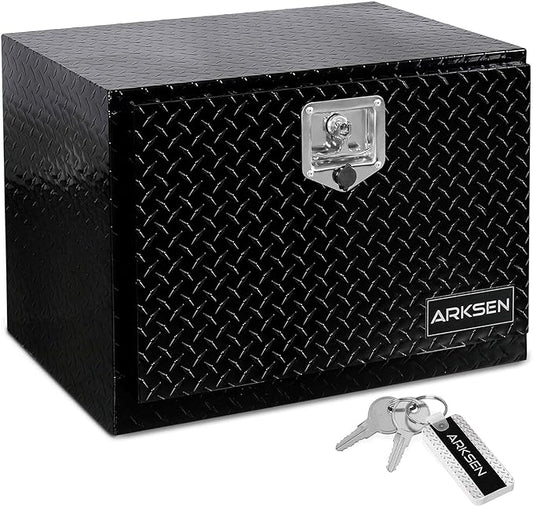 ARKSEN 24 x 17 x 18 Inch Underbody Tool Box, Heavy Duty Aluminum Diamond Plate Waterproof Square Storage Organizer Chest with T-Handle Lock & Keys for Pickup Truck, RV & Trailer – Black