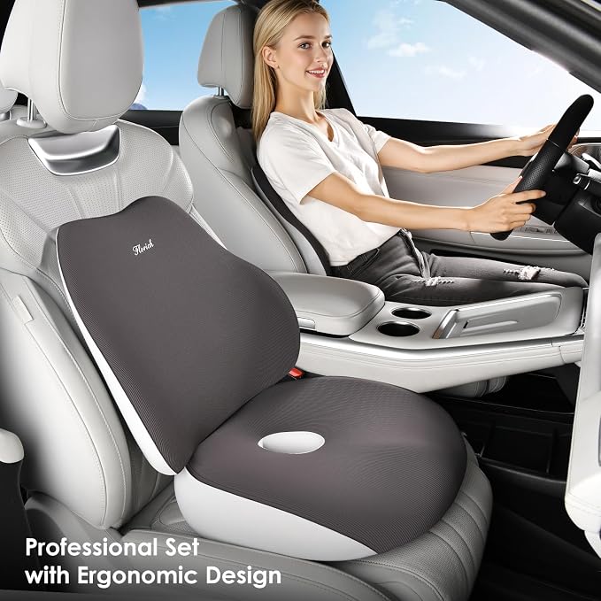 FLORICH Large Car Seat Cushion and Lumbar Support Pillow, Ergonomic Memory Foam Driving Seat Cushion for Back & Sciatica Pain Relief, Non-Slip Washable Seat Cushion for Car, Driver, Office-Gray