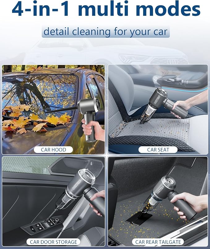 CNMSGM Portable Cordless Handheld Car Vacuum Cleaner, 20000Pa Strong Suction Rechargeable Car Vacuum, 4-in-1 Mini Vacuum for Car Interior, Home, Couch, Pet Hair, and Tight Spaces (Gray)