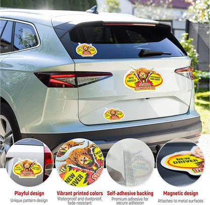 3 Pcs Reflective Student Driver Magnet and Stickers Set - Funny Animal New Driver Safety Signs for Car, Waterproof & Weatherproof High Visibility Vehicle Bumper Decals, Magnet + Stickers (Highland)