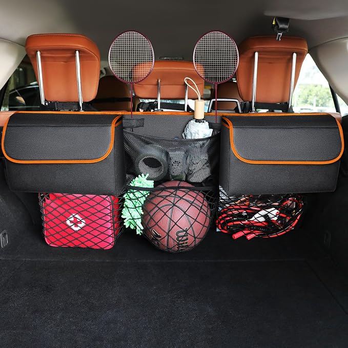 Deluxe Trunk Organizer, Orange, Compact & Mid Size SUV | Backseat Hanging, Waterproof Collapsible, 6 Pockets, Reinforced No-Sag Design
