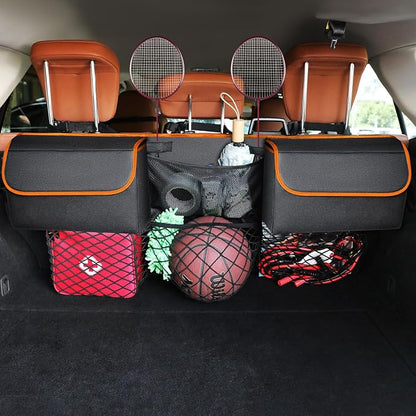 Deluxe Trunk Organizer, Orange, Compact & Mid Size SUV | Backseat Hanging, Waterproof Collapsible, 6 Pockets, Reinforced No-Sag Design