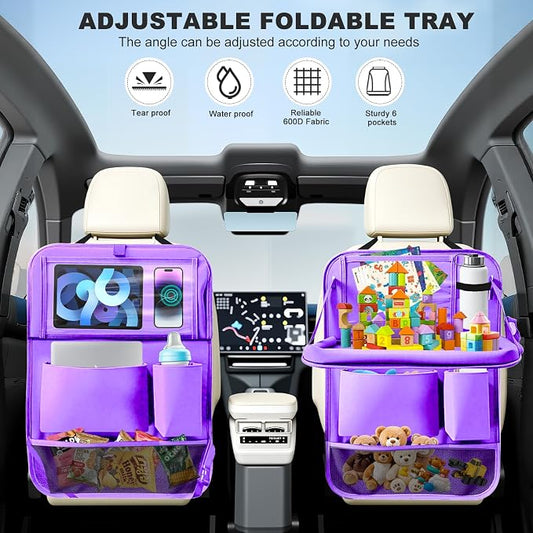 2Pack Car Backseat Organizer with Foldable Table Tray,6 Storage Pockets Car Storage Organizer with Tablet Holder,Car Seat Back Protectors Kick Mats Travel Accessories (Purple)