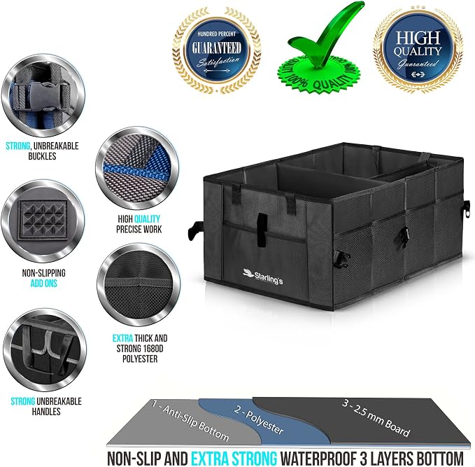 Car Trunk Organizer – Large Collapsible Storage Box with Adjustable Compartments – Heavy-Duty Cargo Organizer for SUV, Truck & Car – Non-Slip Waterproof Trunk Storage Bin for Groceries & Tools