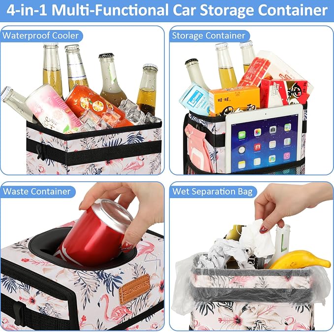 ELONGRIVER Car Trash Can Bin for Back Seat Leak Proof, Cute Car Trash Bag Hanging, Vehicle Trash Can for SUV Truck Van, Automotive Garbage Cans Front Seat Flamingos, 2 Gallons