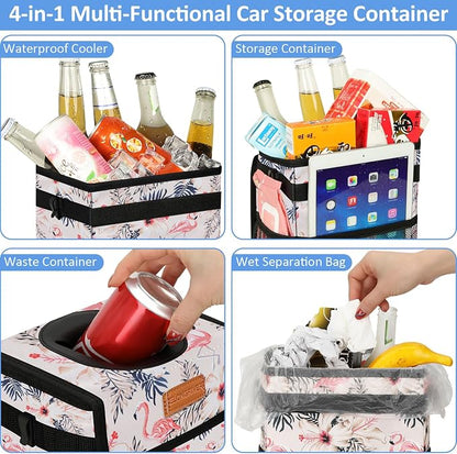 ELONGRIVER Car Trash Can Bin for Back Seat Leak Proof, Cute Car Trash Bag Hanging, Vehicle Trash Can for SUV Truck Van, Automotive Garbage Cans Front Seat Flamingos, 2 Gallons