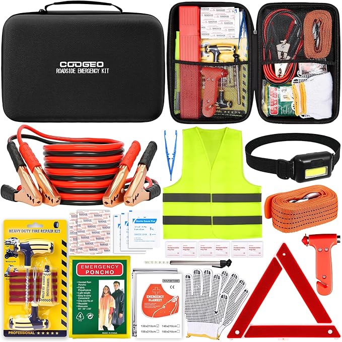 15PC Car Emergency Kit with Jumper Cables, Roadside Assistance Safety Kit for Auto & Truck, Includes Safety Hammers, Tow Strap, Warning Triangle, First Aid, Gifts for Young Men or Women, Black