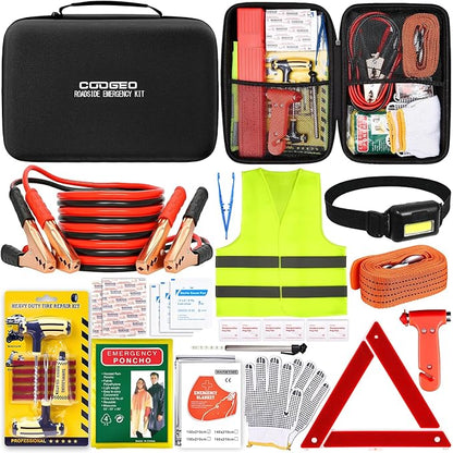15PC Car Emergency Kit with Jumper Cables, Roadside Assistance Safety Kit for Auto & Truck, Includes Safety Hammers, Tow Strap, Warning Triangle, First Aid, Gifts for Young Men or Women, Black