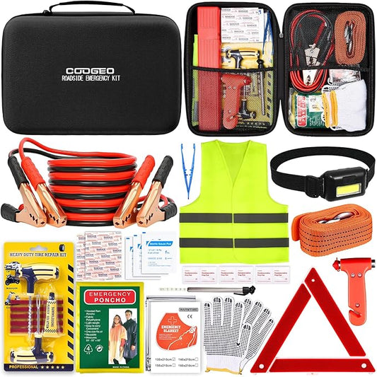 15PC Car Emergency Kit with Jumper Cables, Roadside Assistance Safety Kit for Auto & Truck, Includes Safety Hammers, Tow Strap, Warning Triangle, First Aid, Gifts for Young Men or Women, Black