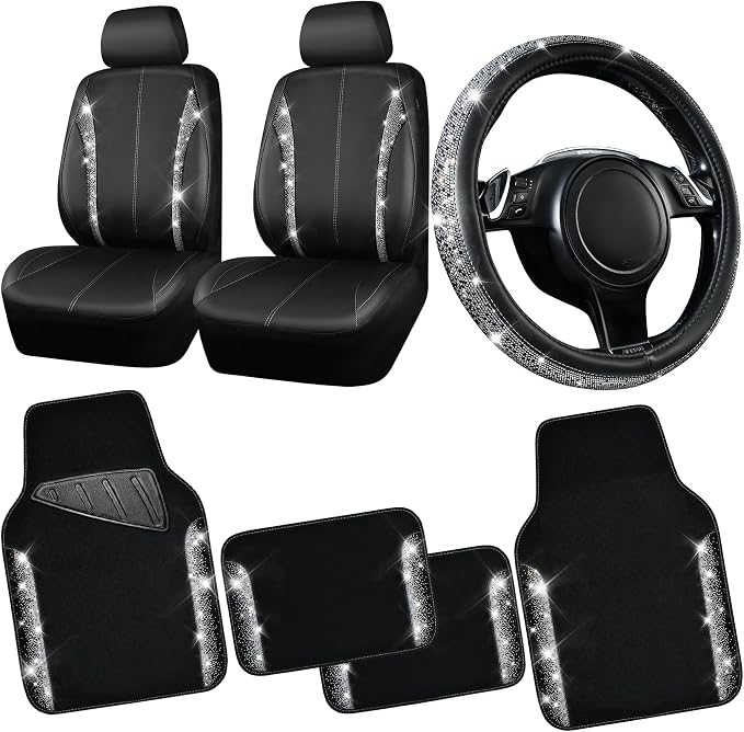 CAR PASS Leather Bling Diamond Car Seat Covers Front & Waterproof Rhinestone Car Floor Mats 4pcs & Sparkly Steering Wheel Cover 15' Universal Shining Interior Sets for 95% SUV Cute Women Black Silver