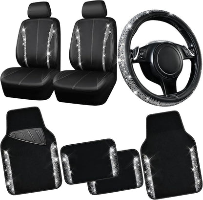 CAR PASS Leather Bling Diamond Car Seat Covers Front & Waterproof Rhinestone Car Floor Mats 4pcs & Sparkly Steering Wheel Cover 15' Universal Shining Interior Sets for 95% SUV Cute Women Black Silver