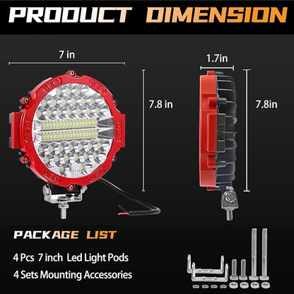 LED Off Road Driving Lights 7 Inch Round Tractor LED Lights Pods 201W 12V 24V 15000Lumen 6500K Bumper Fog Flood Spot Work Light Bar with Wiring Harness for SUV ATV UTV Truck 4Pack