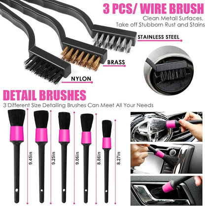 20PCS Pink Car Cleaning Kit, Car Interior Detailing Kit with Red High Power Handheld Vacuum, Detailing Brush Set, Windshield Cleaner, Cleaning Gel, Complete Auto Accessories for Women
