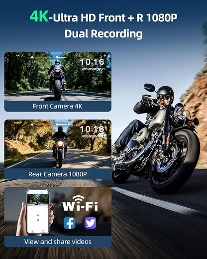 8.1 Inch 4K Motorcycle CarPlay Screen w 4K Dash Cam Wireless Carplay Android Auto Screen for Motorcycle with GPS Navigation Voice Control WiFi Video Dual Bluetooth IPX7 Waterproof Wired Control