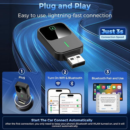 Wireless CarPlay & Android Auto Adapter 2-in-1, Convert Wired to Wireless, Plug & Play CarPlay Dongle, Auto-Connect, No Delay, USB A/Type-C Mini Size Car Play Adapter for Apple iPhone/Android