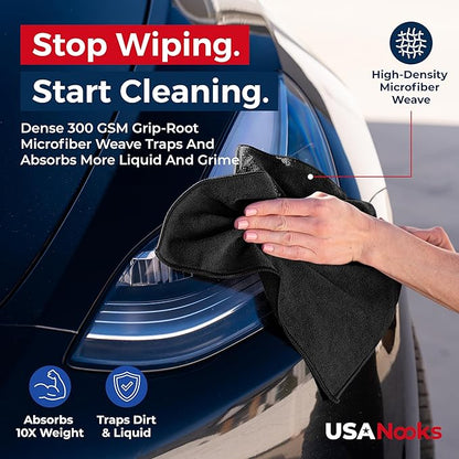 USANOOKS Premium 300GSM Microfiber Cleaning Cloth - 12.5"x12.5" High Performance - 1200 Washes, Ultra Absorbent Microfiber Towels for Cars Undercarriage, Rims & Engine Bay Cleaning - Microfiber Cloth