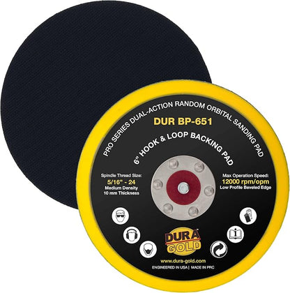 Dura-Gold Pro Series 6" Hook & Loop DA Backing Plate Pad - Low Profile Edge, Medium Density, Dual-Action Random Orbital Sanding Pad, 5/16" - 24 Threads - For Sander Polisher Auto Woodworking Sandpaper