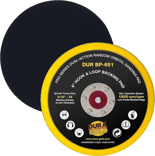 Dura-Gold Pro Series 6" Hook & Loop DA Backing Plate Pad - Low Profile Edge, Medium Density, Dual-Action Random Orbital Sanding Pad, 5/16" - 24 Threads - For Sander Polisher Auto Woodworking Sandpaper