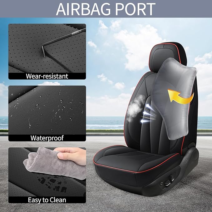 Car Seat Covers Full Set,Waterproof and Breathable Luxury Leather Seat Covers,Non-Slip Driver Seat Cushion,Automotive Seat Protector Fit Toyota Rav4 Camry Corolla Cruze Rogue CRV Accord, Red Black