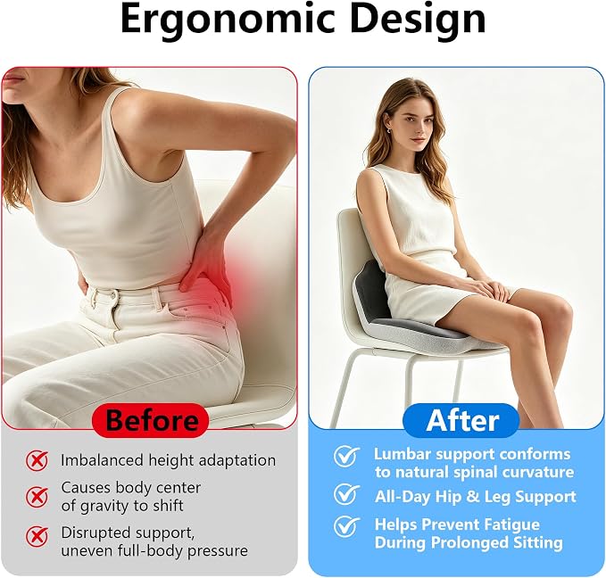Truck Driver Seat Cushion Memory Foam L-Shaped Ergonomic Cushion for Office Chairs Comfort & Support for Long Sitting Memory Foam U-Shape Tailbone Relief + L-Shape Back Cushion